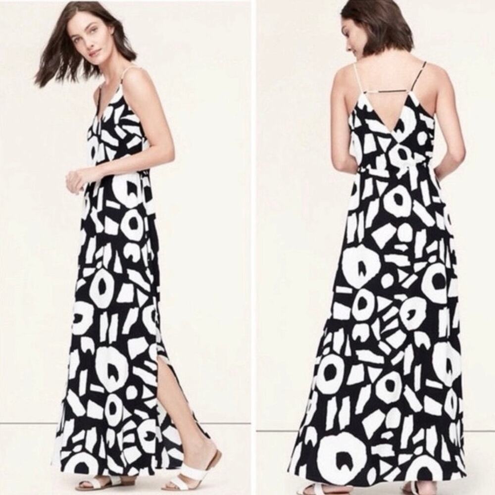 Ann Taylor LOFT Black White Sleeveless Geometric V Neck Blouson Maxi Dress Sz 0